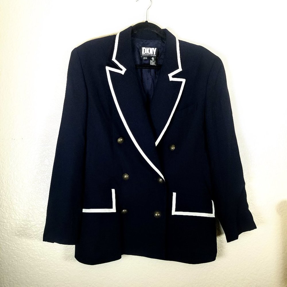 Vintage DKNY Blazer Navy White 100% Wool Gold